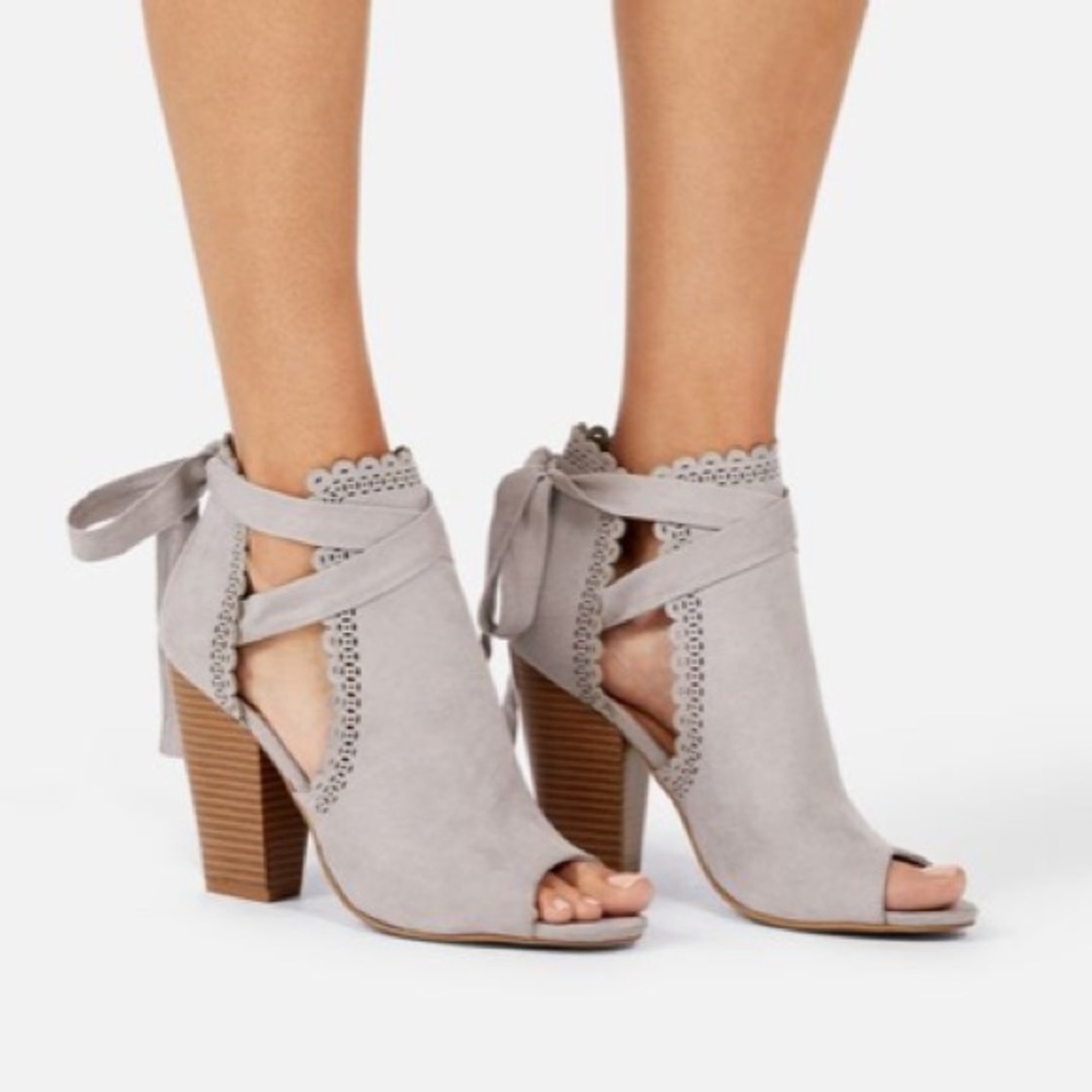 Just for Fun Open Toe Ankle Tie Heeled Bootie